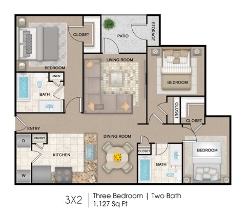 Floor plan for 3 beds, 2 baths, 1127 sqft